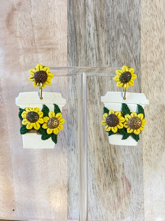 Big sunflower coffee earrings