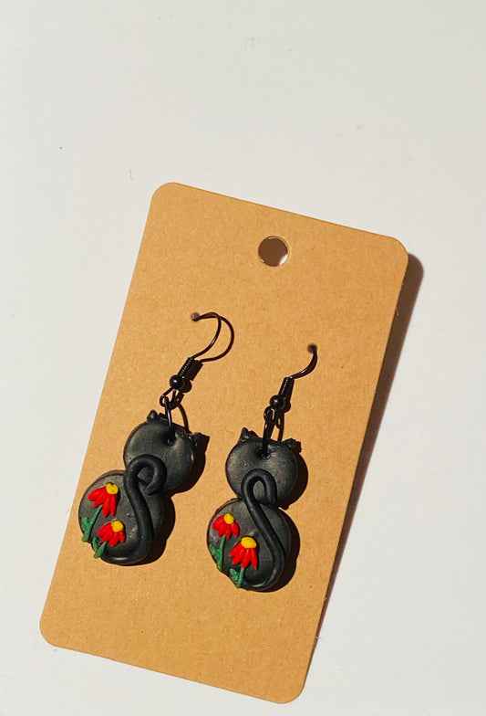 Black Cat Floral Earrings